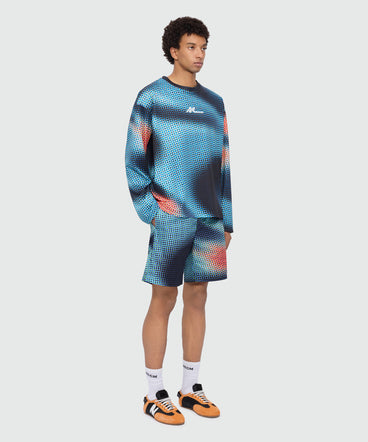 Multicolor cotton Bermuda shorts with pixel print and embroidery at the hem