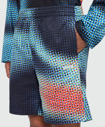 Multicolor cotton Bermuda shorts with pixel print and embroidery at the hem