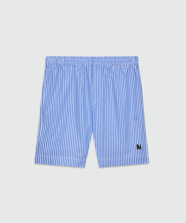 Light blue striped cotton poplin Bermuda shorts with patch at the hem