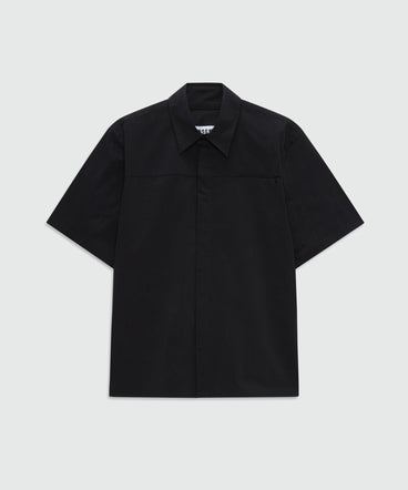 Black stretch cotton short-sleeve shirt with classic collar