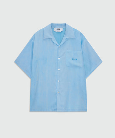 Light blue bowling short-sleeve lyocell shirt with tie-dye effect and embroidered logo on the chest