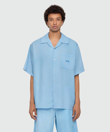 Light blue bowling short-sleeve lyocell shirt with tie-dye effect and embroidered logo on the chest