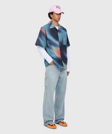 Multicolor cotton printed short-sleeve bowling shirt with embroidered MSGM logo