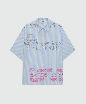 Light blue striped cotton poplin short-sleeve shirt with placed print