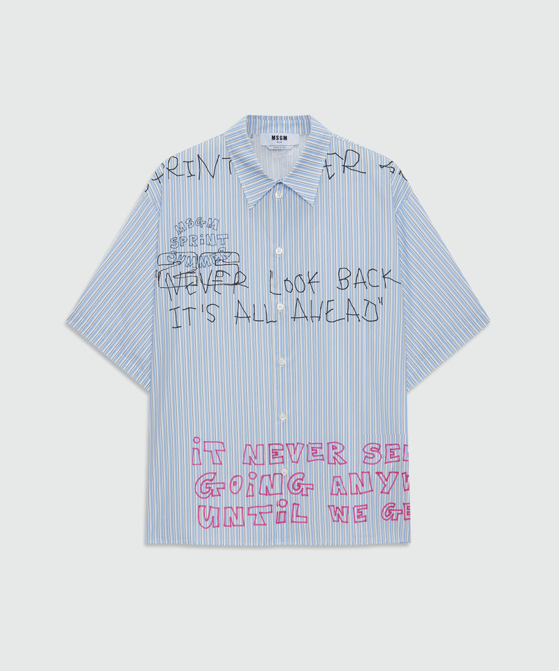 Light blue striped cotton poplin short-sleeve shirt with placed print 84 Uomo 