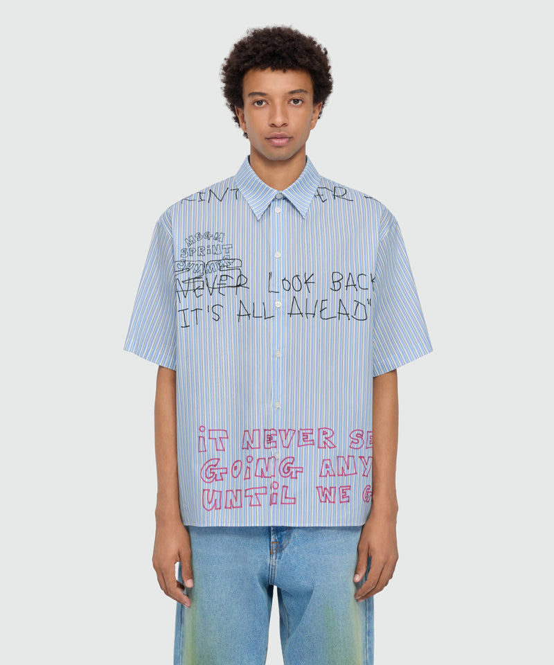 Light blue striped cotton poplin short-sleeve shirt with placed print 84 Uomo 