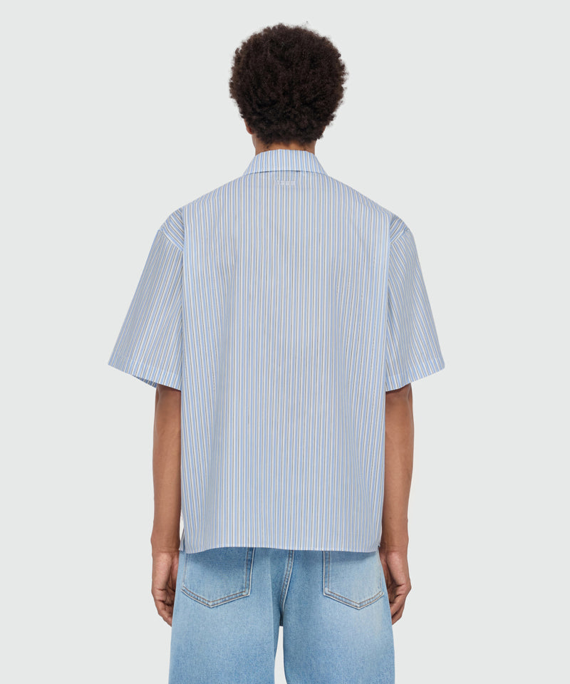 Light blue striped cotton poplin short-sleeve shirt with placed print 84 Uomo 
