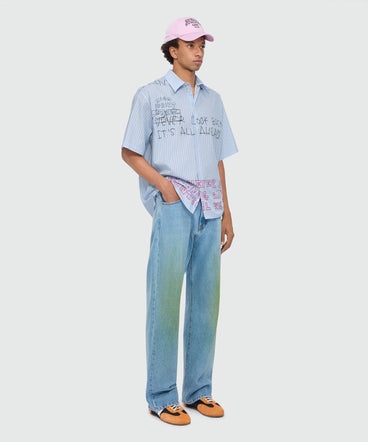 Light blue striped cotton poplin short-sleeve shirt with placed print