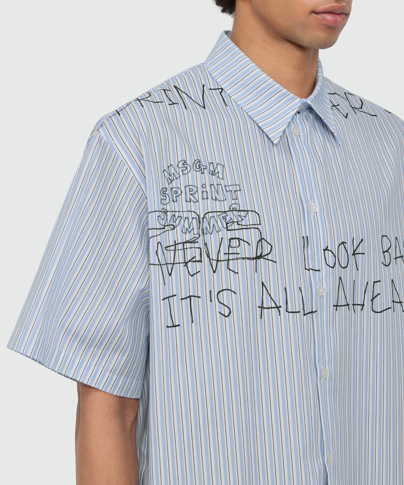 Light blue striped cotton poplin short-sleeve shirt with placed print 84 Uomo 