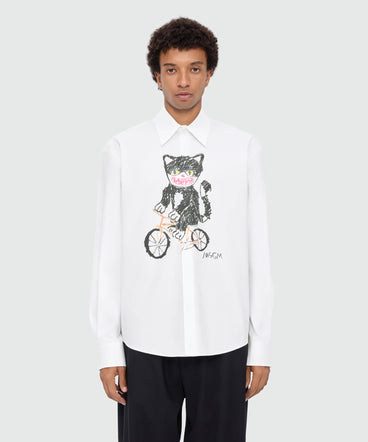 White long-sleeve cotton poplin shirt with front print