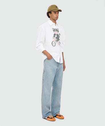 White long-sleeve cotton poplin shirt with front print