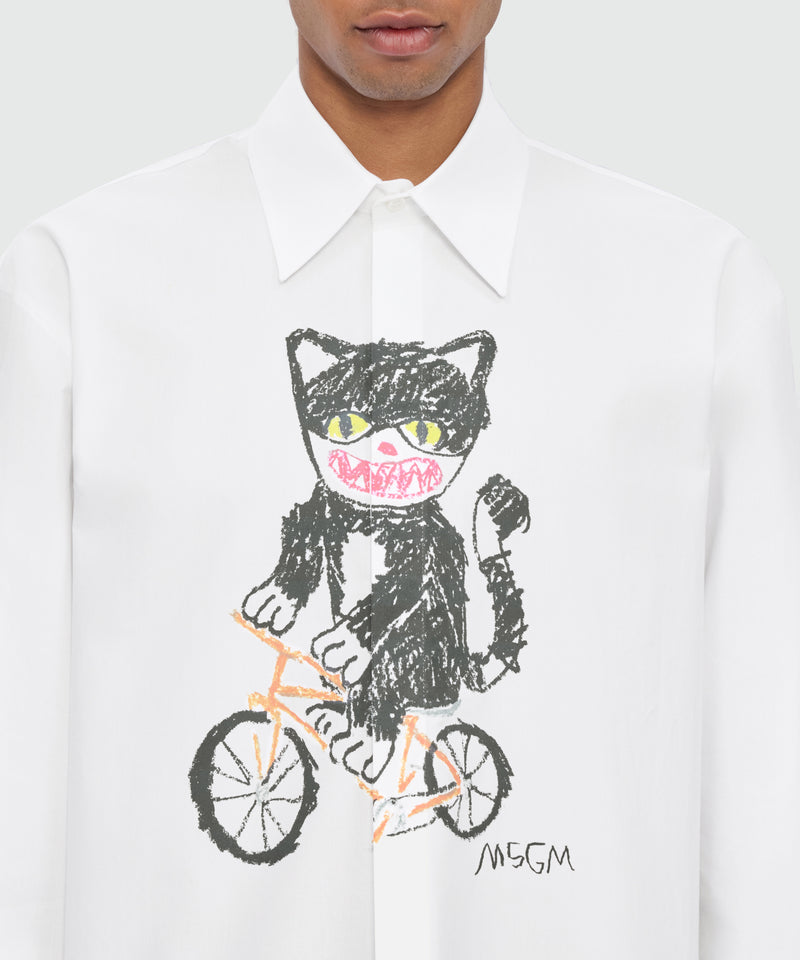 White long-sleeve cotton poplin shirt with front print 01 Uomo 