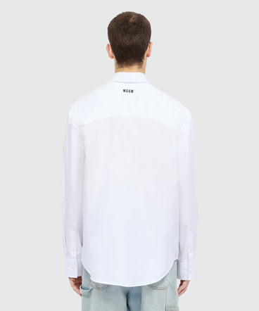 White long-sleeve cotton poplin shirt with chest logo and front patch
