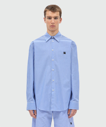 Light blue striped cotton poplin long-sleeve shirt with classic collar and front patch