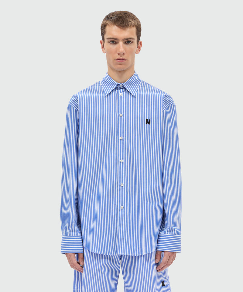 Light blue striped cotton poplin long-sleeve shirt with classic collar and front patch 84 Uomo 