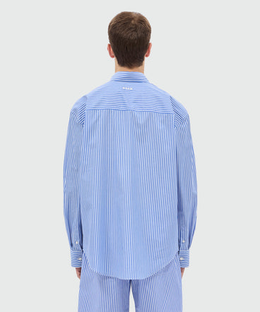 Light blue striped cotton poplin long-sleeve shirt with classic collar and front patch