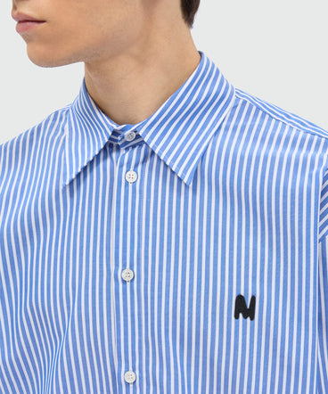 Light blue striped cotton poplin long-sleeve shirt with classic collar and front patch