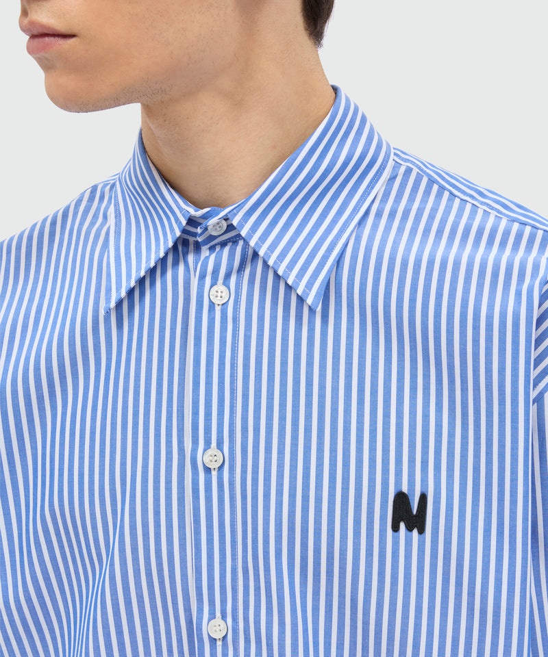 Light blue striped cotton poplin long-sleeve shirt with classic collar and front patch 84 Uomo 