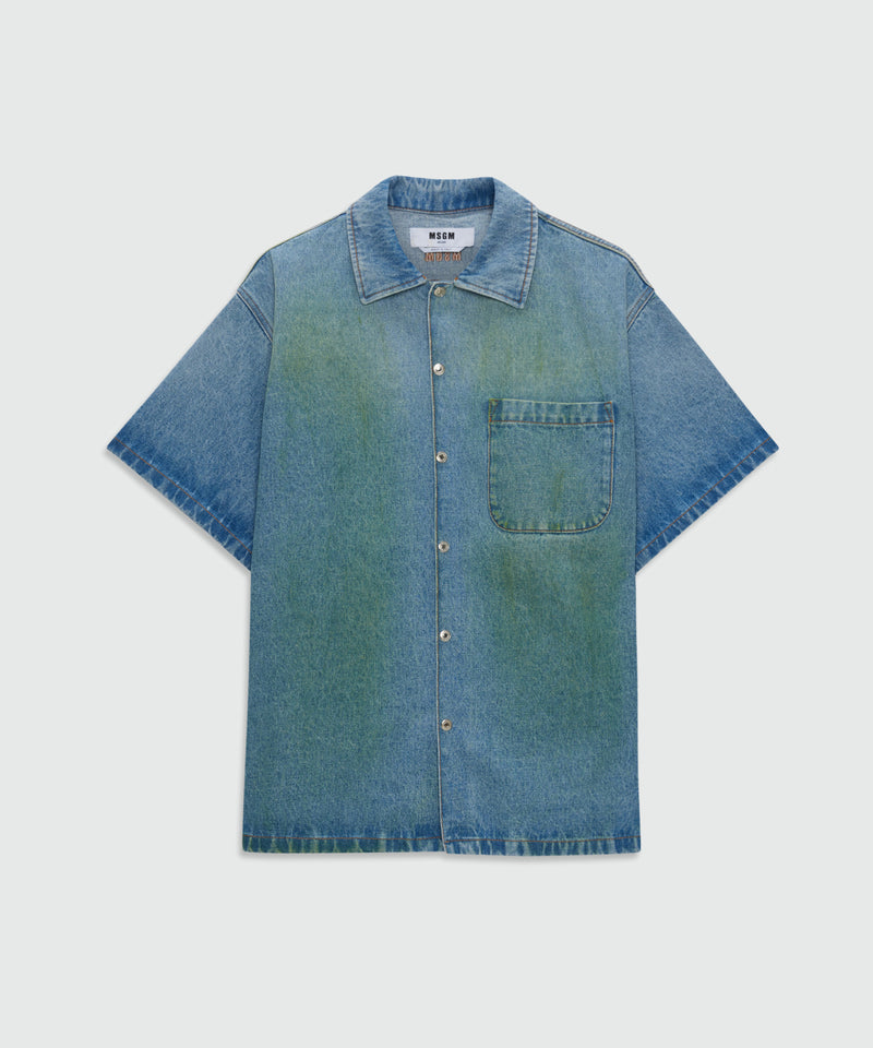 Light-wash denim short-sleeve shirt with localized distressing 84 Uomo 