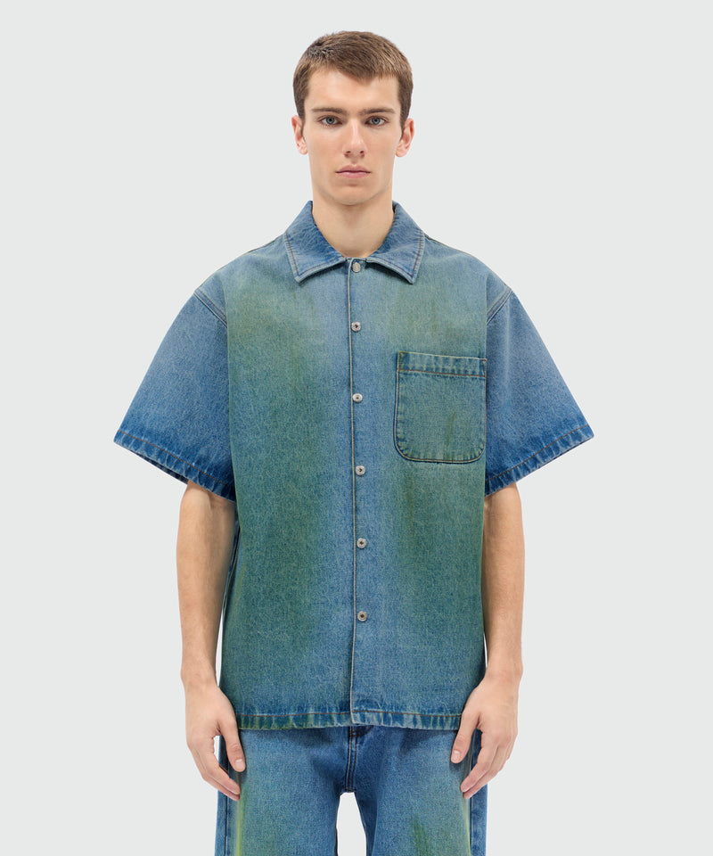 Light-wash denim short-sleeve shirt with localized distressing 84 Uomo 