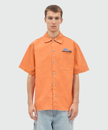 Orange cotton canvas short-sleeve shirt with enzyme wash