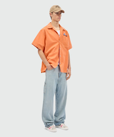 Orange cotton canvas short-sleeve shirt with enzyme wash