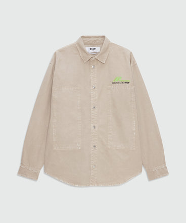 Beige cotton canvas short-sleeve shirt with enzyme wash