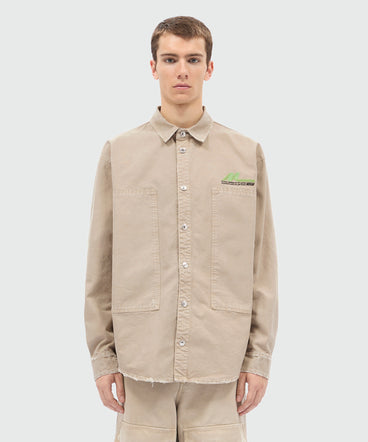 Beige cotton canvas short-sleeve shirt with enzyme wash