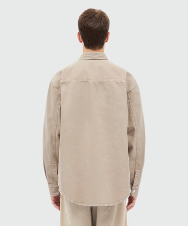 Beige cotton canvas short-sleeve shirt with enzyme wash