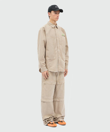 Beige cotton canvas short-sleeve shirt with enzyme wash