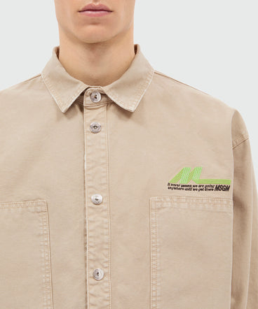 Beige cotton canvas short-sleeve shirt with enzyme wash