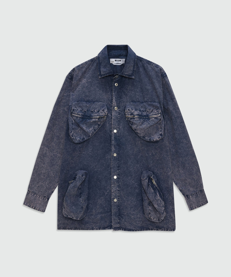 Navy blue cotton poplin shirt with marbled wash effect and three-dimensional zip chest pockets 87 Uomo 