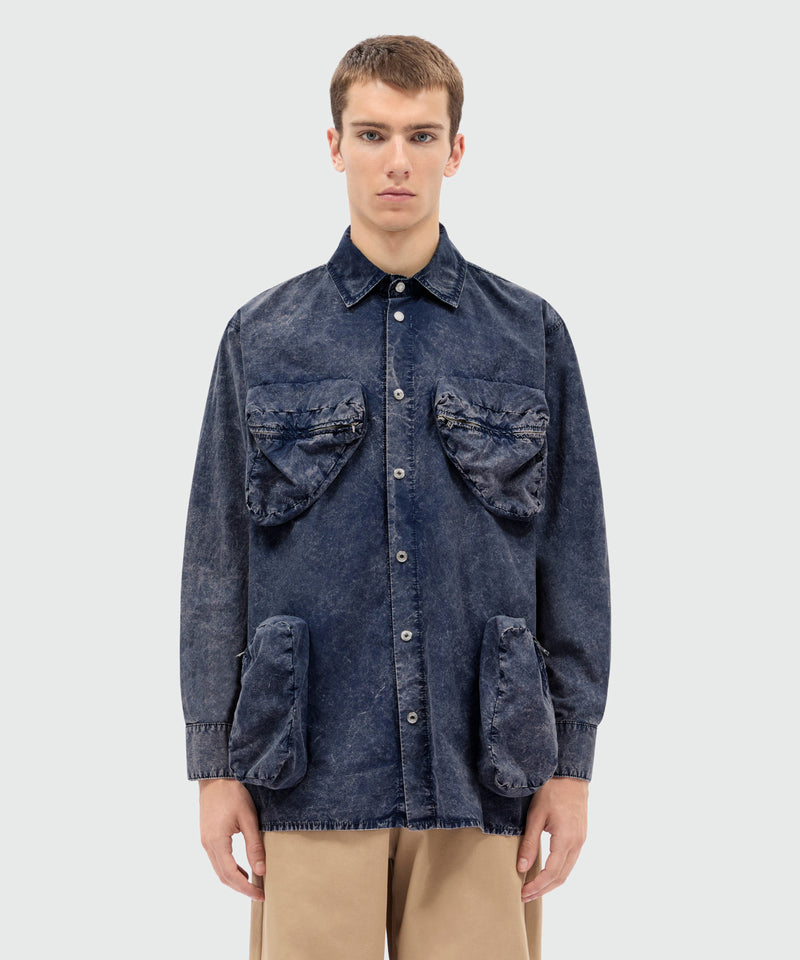 Navy blue cotton poplin shirt with marbled wash effect and three-dimensional zip chest pockets 87 Uomo 