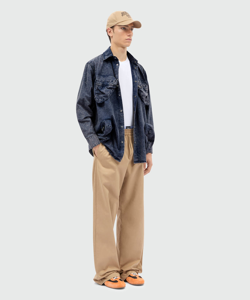 Navy blue cotton poplin shirt with marbled wash effect and three-dimensional zip chest pockets 87 Uomo 