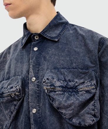 Navy blue cotton poplin shirt with marbled wash effect and three-dimensional zip chest pockets