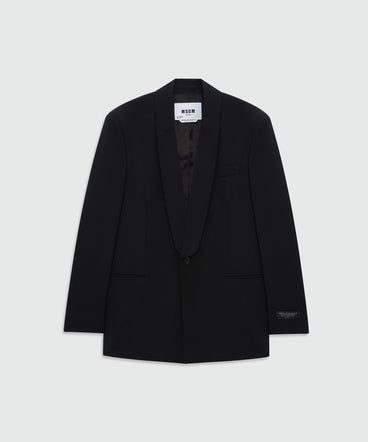 Black double-breasted wool jacket with shawl lapels