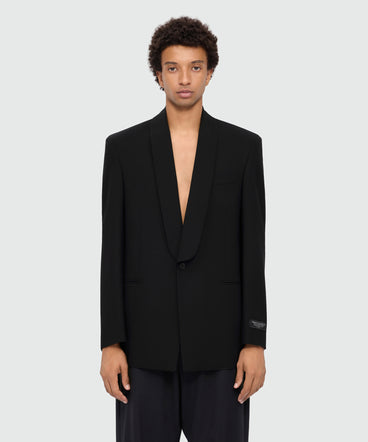 Black double-breasted wool jacket with shawl lapels