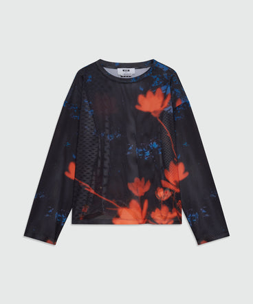 Long-sleeve printed mesh T-shirt