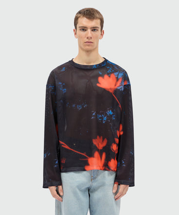 Long-sleeve printed mesh T-shirt