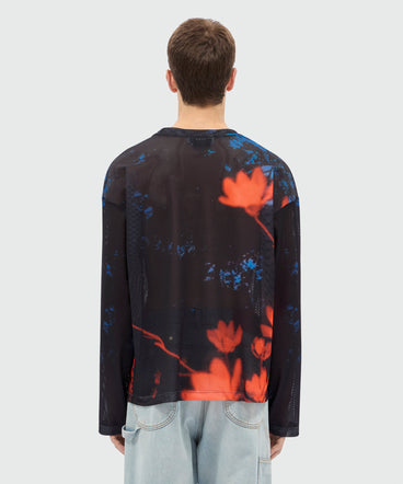 Long-sleeve printed mesh T-shirt