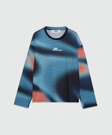 Multicolor long-sleeve technical pique T-shirt with raised logo on front and back