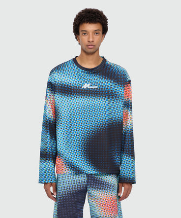 Multicolor long-sleeve technical pique T-shirt with raised logo on front and back