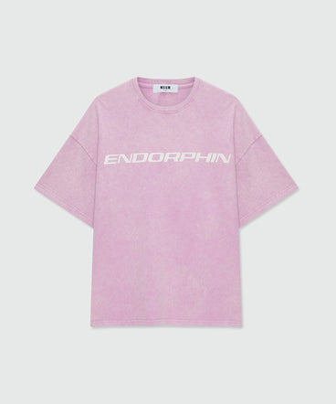 Pink long-sleeve cotton jersey T-shirt with marbled wash and front print