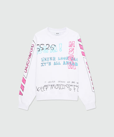 White cotton crew-neck sweatshirt with all-over print