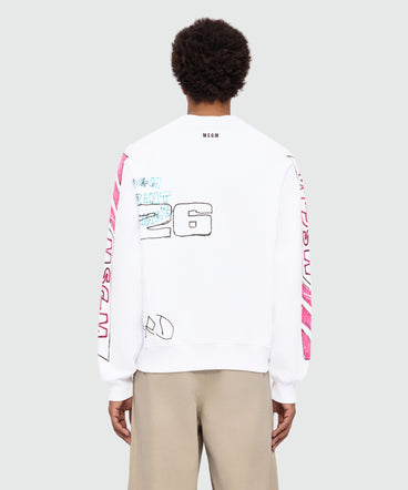 White cotton crew-neck sweatshirt with all-over print
