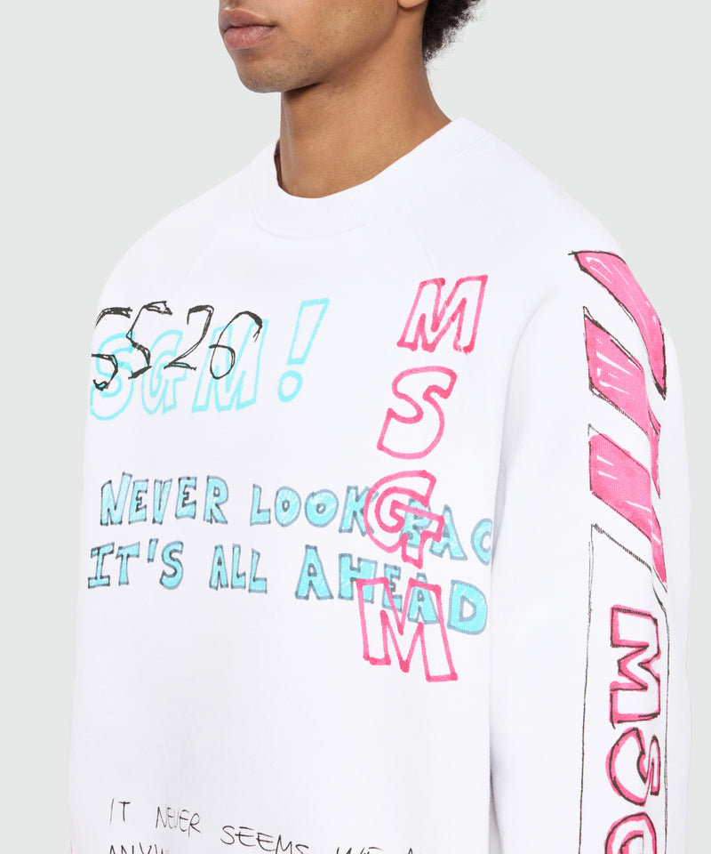 White cotton crew-neck sweatshirt with all-over print 01 Uomo 
