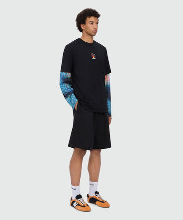 Black short-sleeve cotton jersey T-shirt with front print