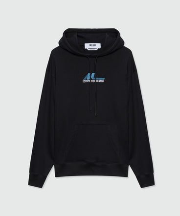 Black cotton hoodie with front embroidery