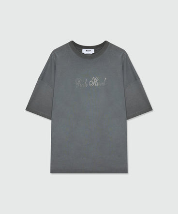 Anthracite grey short-sleeve cotton jersey T-shirt with rhinestone lettering on the front