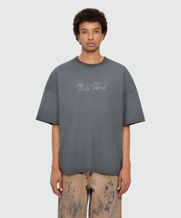 Anthracite grey short-sleeve cotton jersey T-shirt with rhinestone lettering on the front